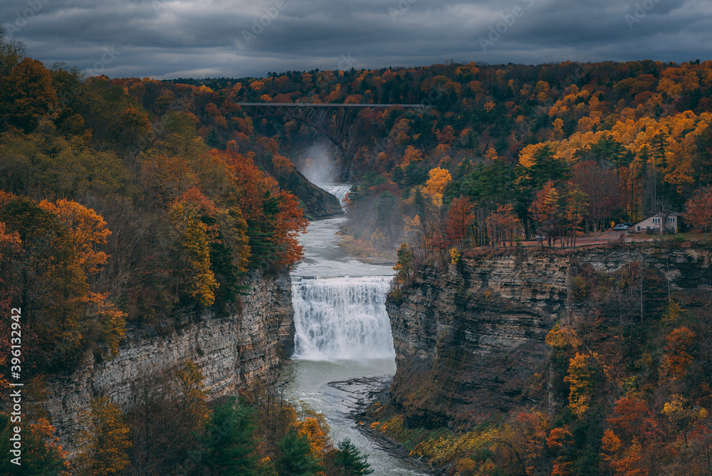 Autumn view of the Genesee River and Middle Falls from Inspiration Point, in Letchworth State Park, New York