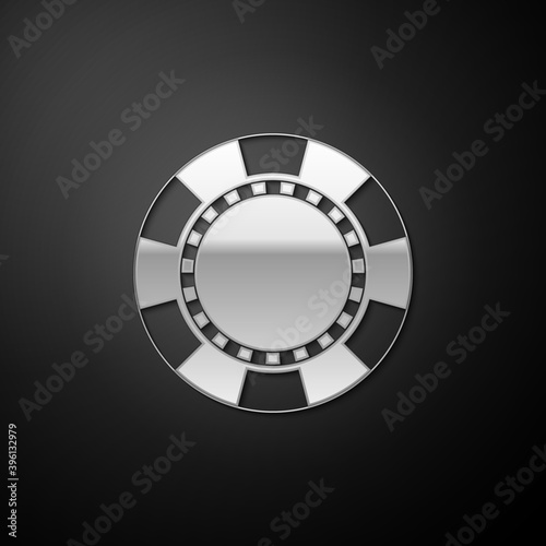 Silver Casino chip icon isolated on black background. Long shadow style. Vector.