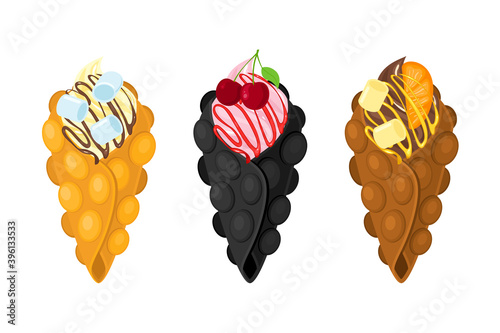Set of bubble waffles on an isolated background. Classic bubble waffle, chocolate and black Hong Kong waffle. Waffles with marshmallow, cherry and orange fruit.