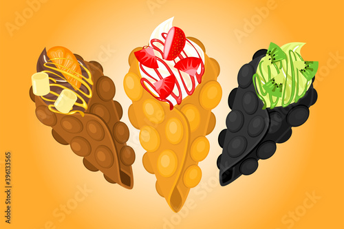 Hong Kong waffles on orange background. Classic, chocolate and black bubble waffle. Three bubble waffles with different tastes.