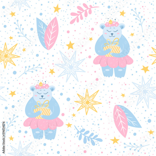 childrens christmas pattern with cute funny bears and flowers and leaves and snowflakes and stars. continuous seamless pattern vector blue and pink colors © darish.pavlish