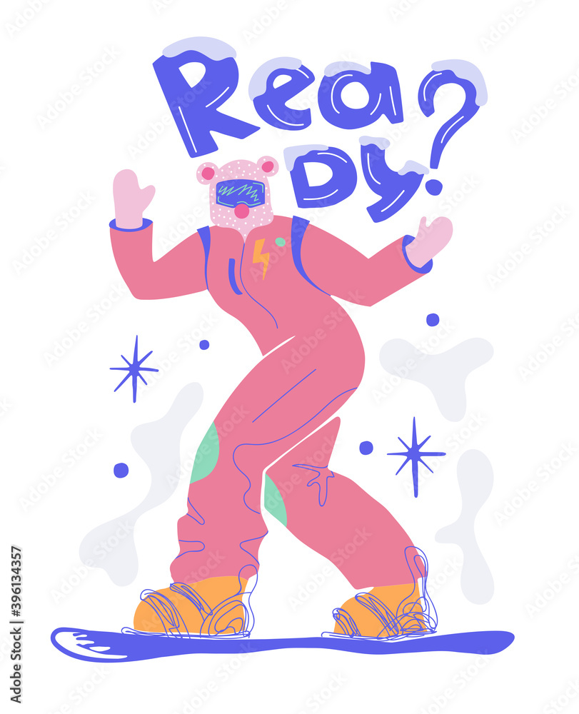 Girl snowboarder and isolated.Extreme winter mountain activity.People wearing outfit riding snowboard.Vector illustration in flat cartoon style.Snowflackes.Active