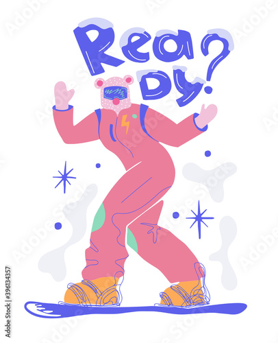 Girl snowboarder and isolated.Extreme winter mountain activity.People wearing outfit riding snowboard.Vector illustration in flat cartoon style.Snowflackes.Active