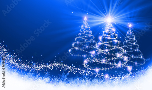 Christmas tree and stars on sky.  stock illustration. Christmas background 