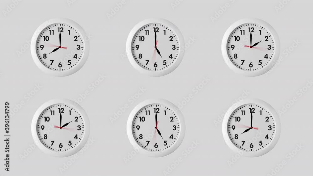 seamless looping animation with two rows of white wall clocks. arrows spin clockwise. white and gray background with copy space seamless looping animation with two rows of white wall clocks. arrows spin clockwise. white and gray background with copy space