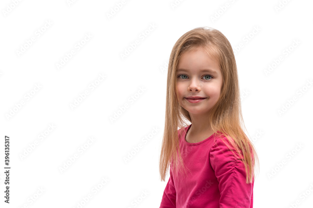 Shot of a smiling blonde little girl with long hair and blue eyes, isolated Shot of a smiling blonde little girl with long hair and blue eyes, isolated