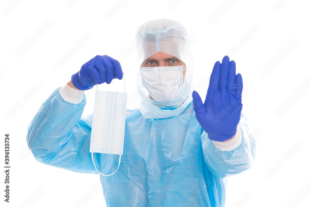 stop the coronavirus gesture of medical worker man in protective costume isolated on white keep safe of covid19 sars virus pandemic, precautions stop the coronavirus gesture of medical worker man in protective costume isolated on white keep safe of covid19 sars virus pandemic, precautions