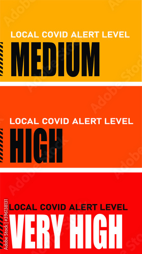 Local COVID alert levels (Medium, High, Very high). New Tier system in the United Kingdom on December 2 2020 used to warn public about coronavirus infection level in the area. VECTOR.