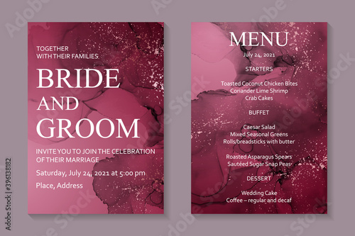 Modern abstract wedding invitation design or card templates for birthday greeting or certificate or cover with pink and red watercolor stains or fluid art in alcohol ink style with golden glitter.