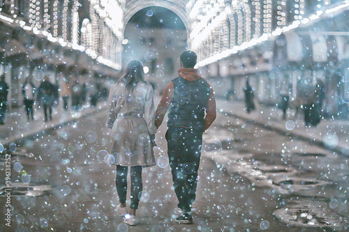 Photography couple in love in moscow night winter, young family evening in winter moscow, au