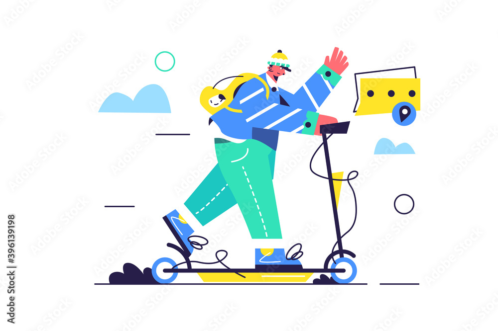Guy with a backpack rides an electric scooter down the street, a guy in a hat isolated on a white background, flat vector illustration