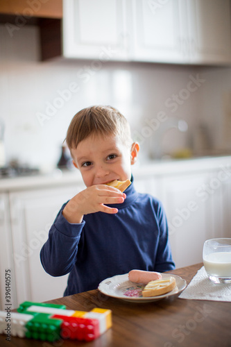 Little boy eating bread