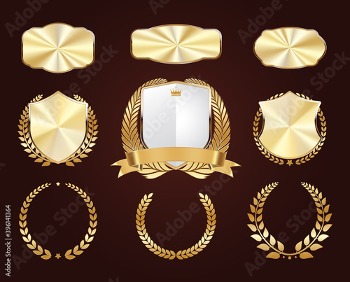 Set of golden shields. Luxury gold labels. Glossy metal badges. Collection of seals, laurel, ribbon