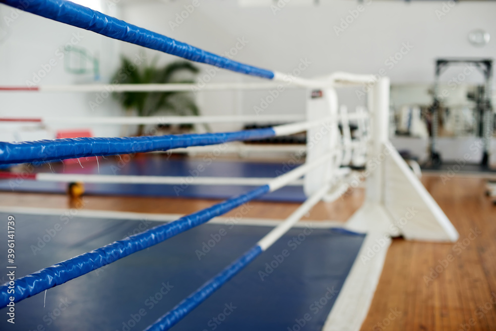 Empty boxing ring in the gym. Blue corner of a boxing ring surrounded by ropes in a gym interior.