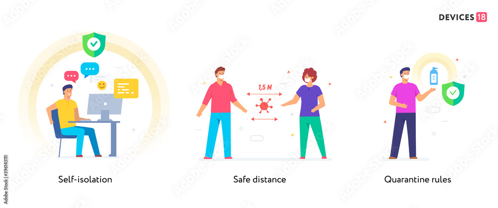 People use gadgets. set of icons, illustration. Quarantine, virus, protection, medicine.Flat illustration Icons infographics. Landing page site print poster.