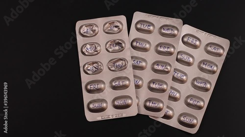 Pills in blister with hand written days of the week on each cell.Organizer concept.