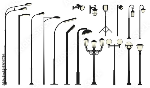 Street lamp lights isolated on white background. Сollection of vector city lanterns.