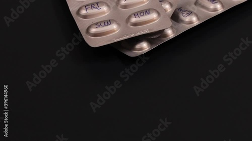 Pills in blister with hand written days of the week on each cell.Organizer concept.