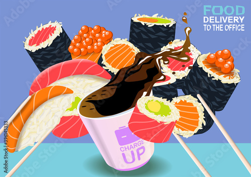 Food delivery to the office. Sushi and a Cup of spilled coffee