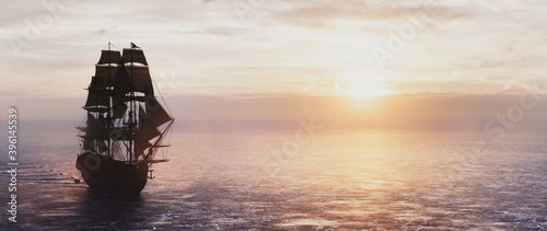 Pirate ship sailing on the ocean at sunset
