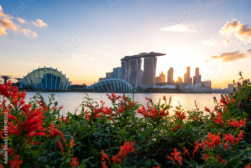 Canvas Print Panorama view of cityscape business downtown building area during sunset time at Singapore