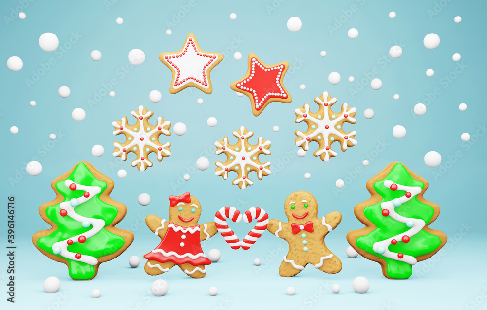 Naklejka premium Cute christmas wallpaper with gingerbread characters girl and boy, fir trees, red and white stars and heart-shaped candy canes on pastel light blue background. Festive 3D design with handmade 