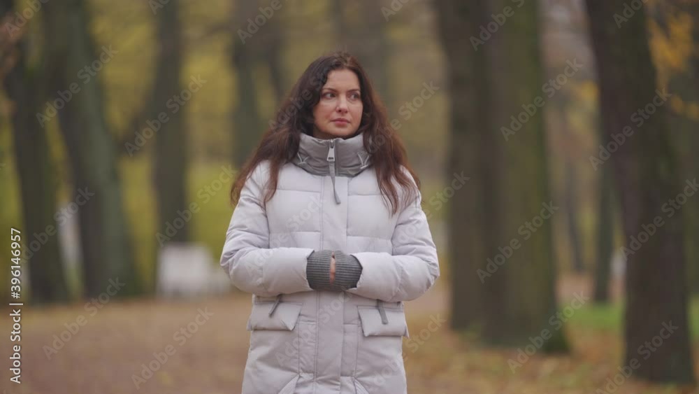 Attractive pregnant woman in warm coat strolling on footpath in autumn park. Brunette woman with long hair in Catherine Park, Tsarskoye Selo, Saint Petersburg, Russia. Attractive pregnant woman in warm coat strolling on footpath in autumn park. Brunette woman with long hair in Catherine Park, Tsarskoye Selo, Saint Petersburg, Russia.