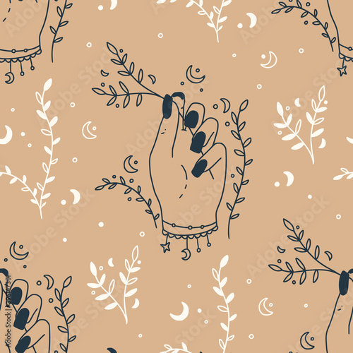 Mystical woman hand celestial Seamless boho vector pattern. Esoteric floral moon and star background.