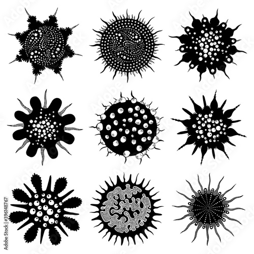 Coronavirus COVID-19, abstract art drawing of infectious agents or contagious germs bacteria virus or allergy pollens, microbiology illustration. Disease pathogen organisms, virology. Vector.