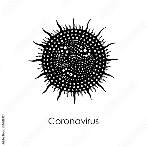 Novel coronavirus COVID-19 art drawing. Pathogenic organism with DNA or RNA in the middle. Infectious agent, flu contamination, air pollution, dust, airborne pollen allergen particles. Vector.