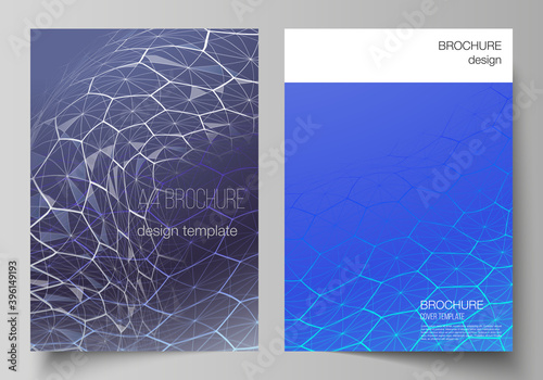 Vector layout of A4 format cover mockups design templates for brochure, flyer. Digital technology and big data concept with hexagons, connecting dots and lines, polygonal science medical background.