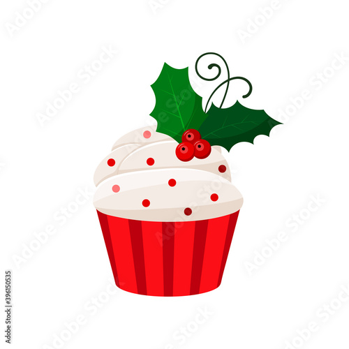 Christmas cupcake with mistletoe - cute winter sweets food. Xmas icing muffin sugar cream with mistletoe red berry and green leaves. Flat cartoon dessert vector illustration.