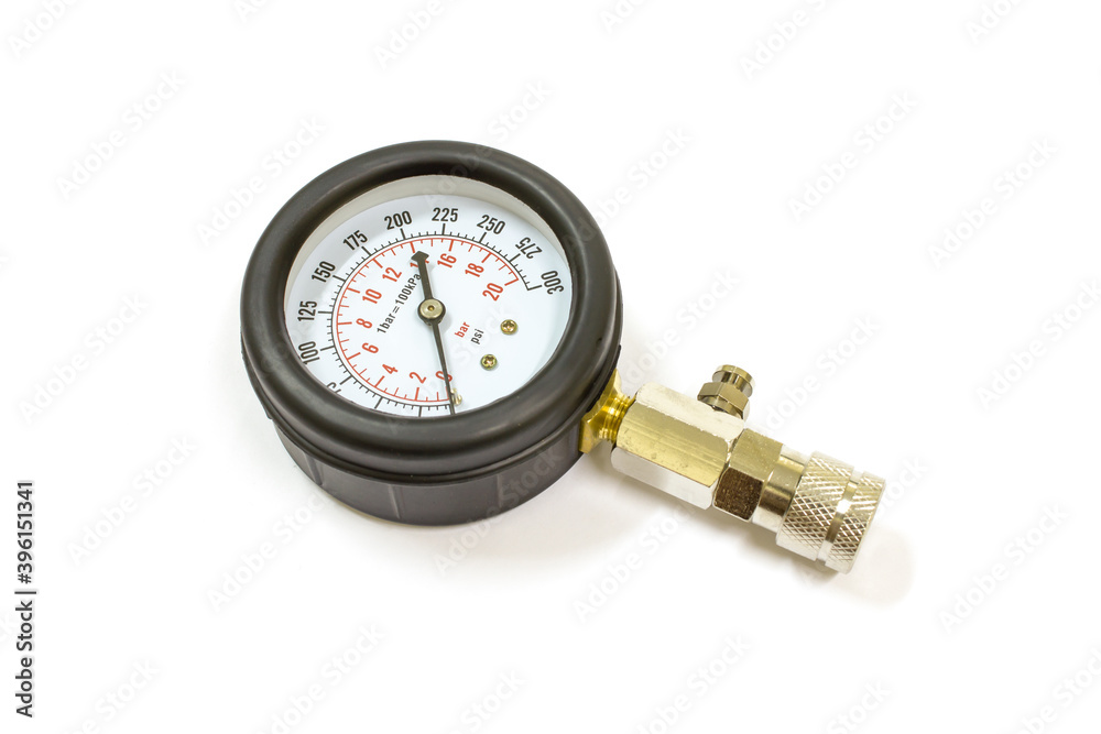 Compression meter use for measure car cylinder compression on white background, Isolated. Compression meter use for measure car cylinder compression on white background, Isolated.