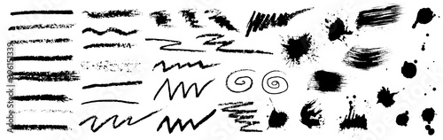Brush set, pencil and chalk stroke line, scribble, paint splashes, ink drops and stains. Vector illustration