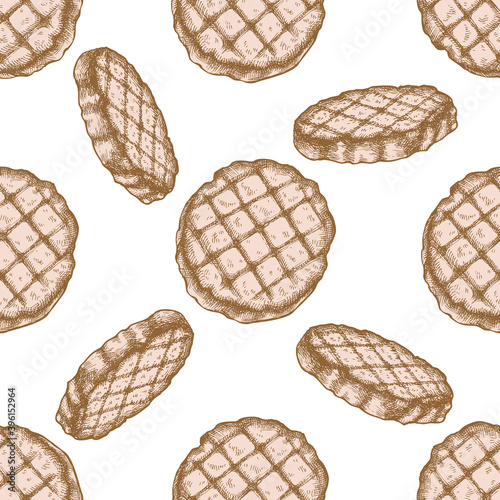 Seamless pattern with hand drawn pastel grilled burger patties