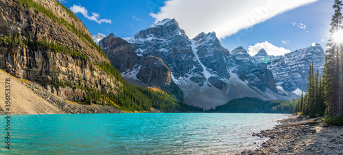 Moraine lake beautiful landscape in summer to early autumn sunny day morning. Sparkle turquoise blue water, snow-covered Valley of the Ten Peaks. Banff National Park, Canadian Rockies, Alberta, Canada