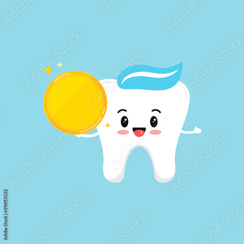 Cute tooth molar with gold coin. Happy white tooth and money isolated on background. Children teeth treatment cost and payment concept. Flat design cartoon style healthy character vector illustration.