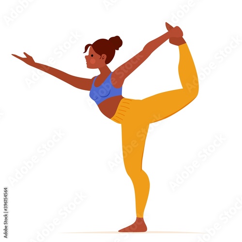 Cartoon girl practicing yoga exercise Lord of dance isolated on white background. Yogini showing natarajasana pose King of dancers vector flat illustration. Female character with flexible body