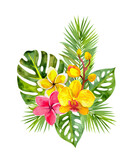 Bouquet of bright tropical flowers and leaves painted in watercolor. For the design of postcards, invitations, posters, packaging, textiles and more.