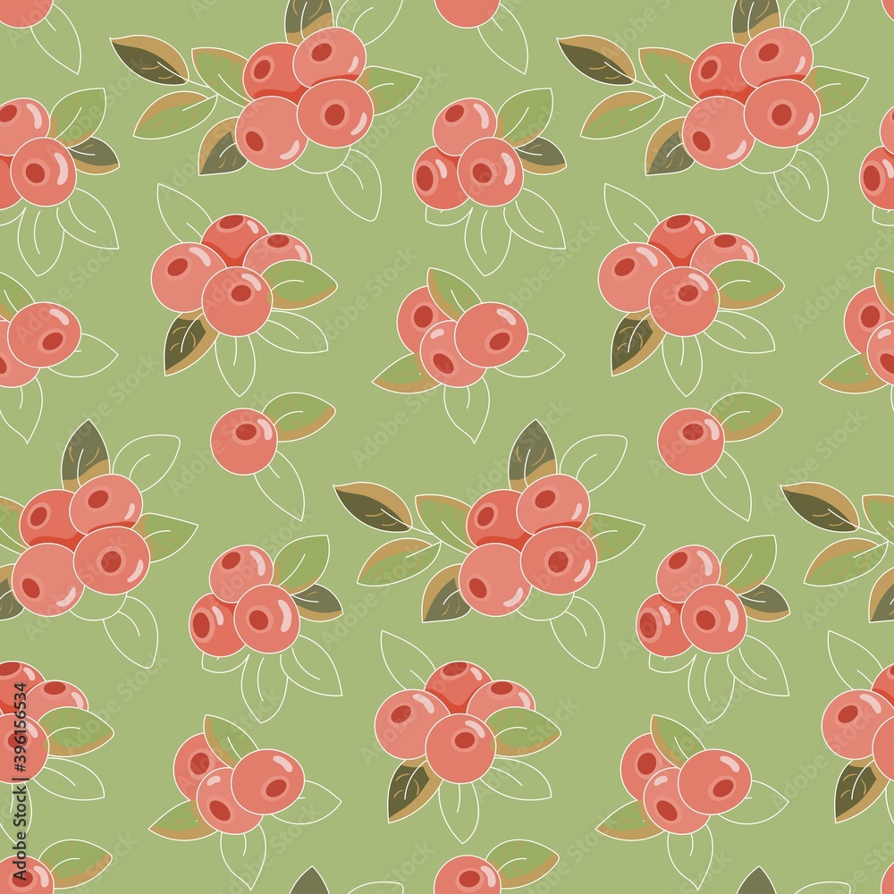 seamless vegetable pattern with cranberry berries and leaves on green background
