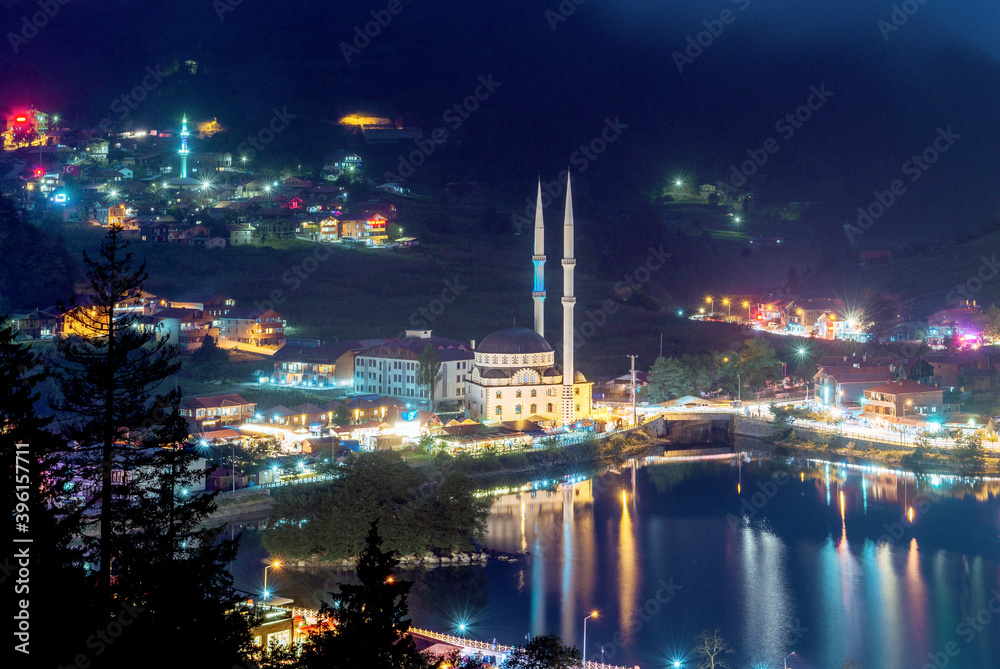 Trabzon turkey uzungol. mosque on the lake.lake across the mountain