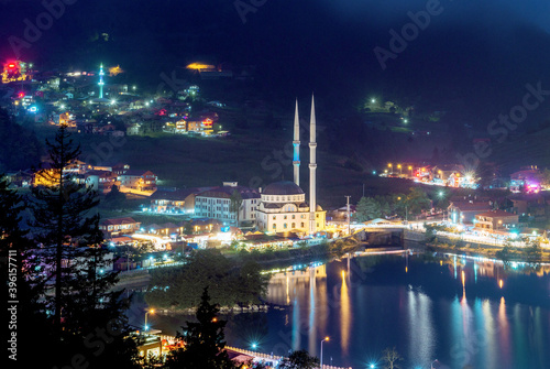 Trabzon turkey uzungol. mosque on the lake.lake across the mountain