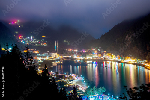 Trabzon turkey uzungol. mosque on the lake.lake across the mountain