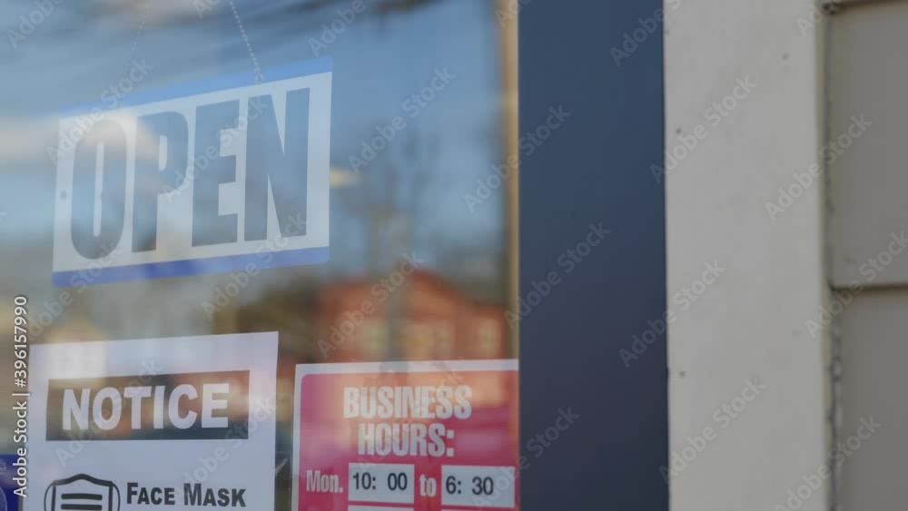 Open sign through glass window Mask Requirement sign Business Hours