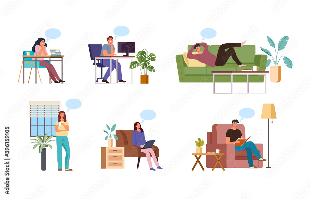 People cartoon dreaming at home and office concept. Vector flat graphic design illustration People cartoon dreaming at home and office concept. Vector flat graphic design illustration