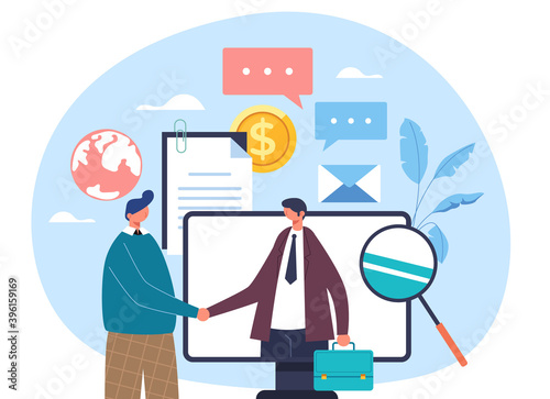 Two business people workers businessmen characters shaking hands. Internet online computer business deal agreement concept. Vector flat graphic design illustration