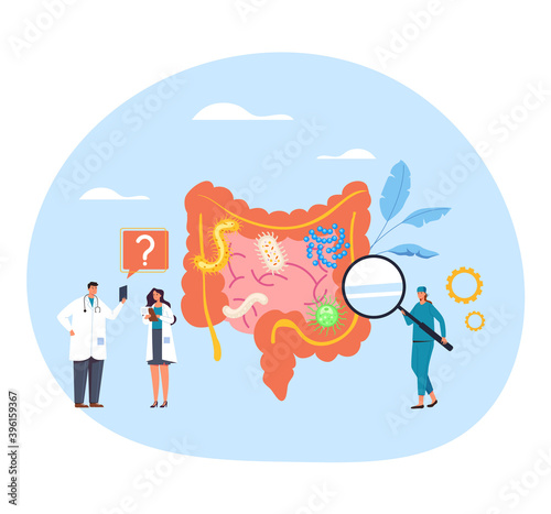 Intestines diagnosis microflora disease research. Health care concept. Vector flat graphic design illustration