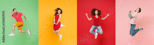 Photo set collage of four multiethnic expressive happy young people group wearing t-shirts having fun, jumping or flying up in air different poses isolated on colorful background, studio portraits.