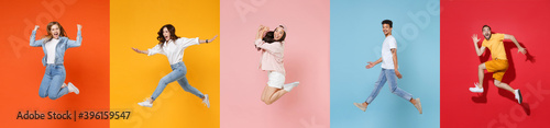 Fotografie, Tablou Photo set collage of five multiethnic expressive happy young people group wearing t-shirts having fun, jumping or flying up in air different poses isolated on colorful background, studio portraits