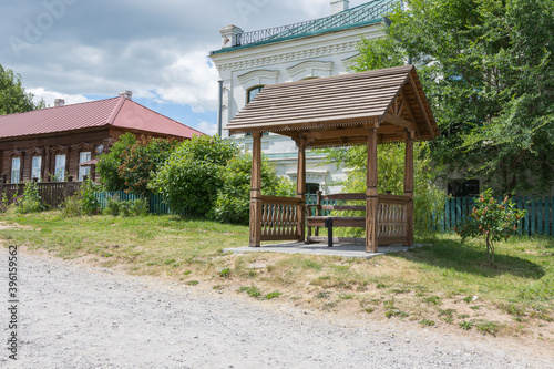Sviyazhsk, view of a bench and a water pump, photo was taken on a sunny summer day